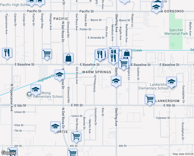 map of restaurants, bars, coffee shops, grocery stores, and more near 7428 Golondrina Drive in San Bernardino