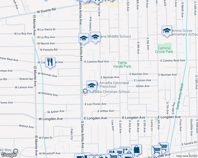 map of restaurants, bars, coffee shops, grocery stores, and more near 1814 South 1st Avenue in Arcadia