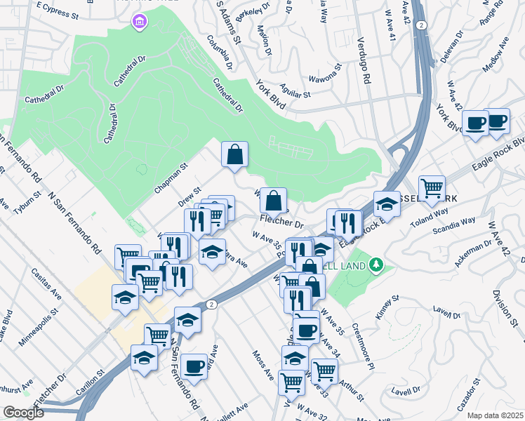 map of restaurants, bars, coffee shops, grocery stores, and more near 3501 Fletcher Drive in Los Angeles