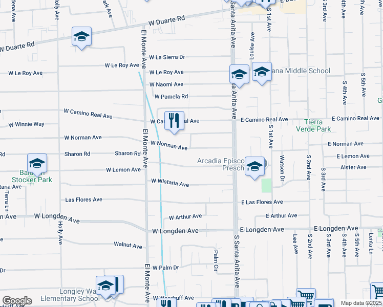 map of restaurants, bars, coffee shops, grocery stores, and more near 105 West Lemon Avenue in Arcadia