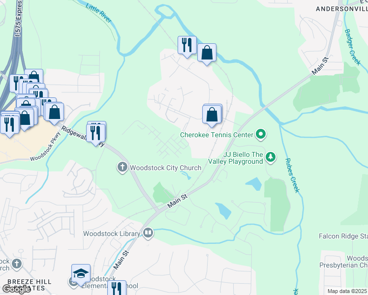 map of restaurants, bars, coffee shops, grocery stores, and more near 211 Bell Plc in Woodstock