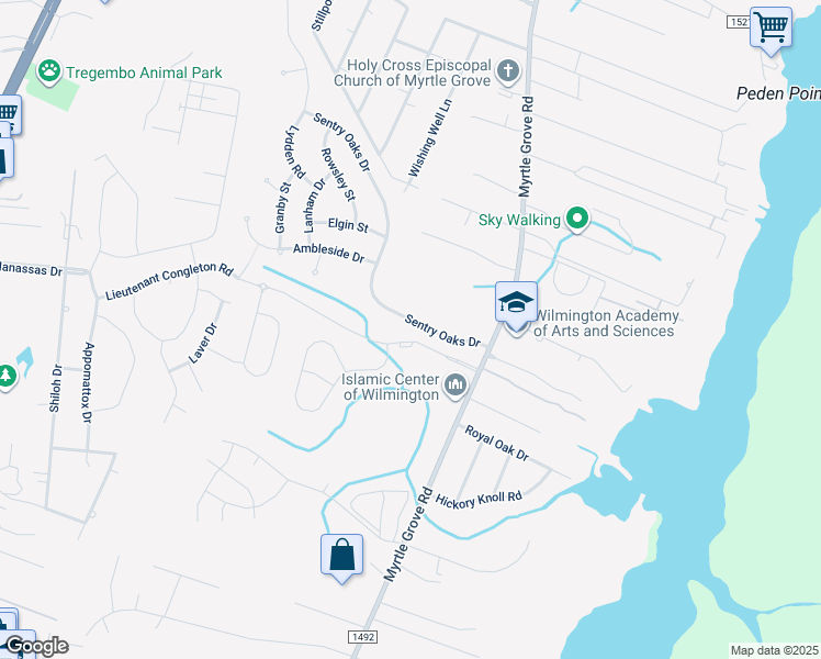 map of restaurants, bars, coffee shops, grocery stores, and more near 6428 Sentry Oaks Drive in Wilmington