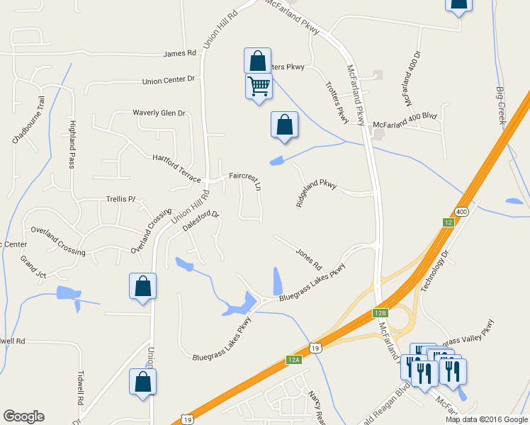 map of restaurants, bars, coffee shops, grocery stores, and more near 1575 Faircrest Lane in Alpharetta
