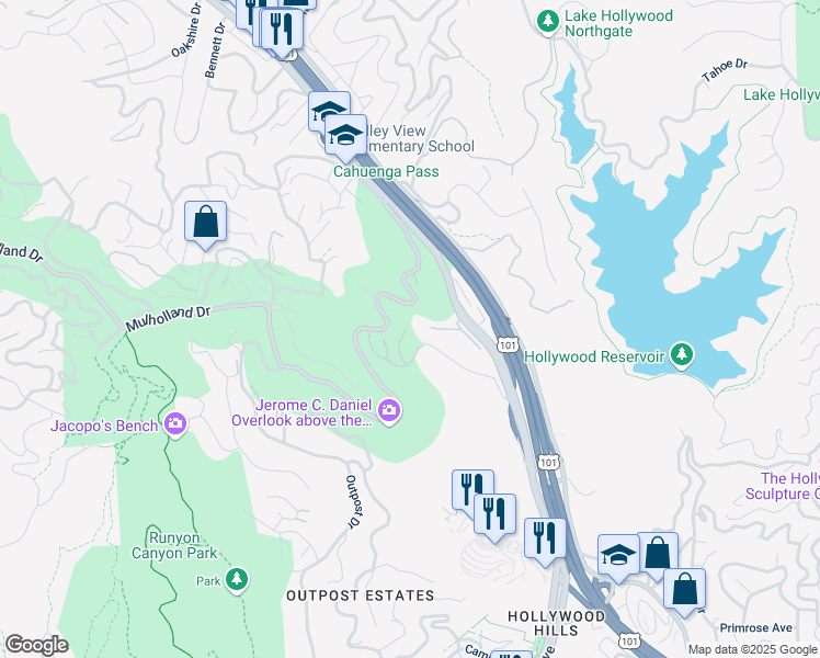 map of restaurants, bars, coffee shops, grocery stores, and more near 2752 North Stone View Court in Los Angeles