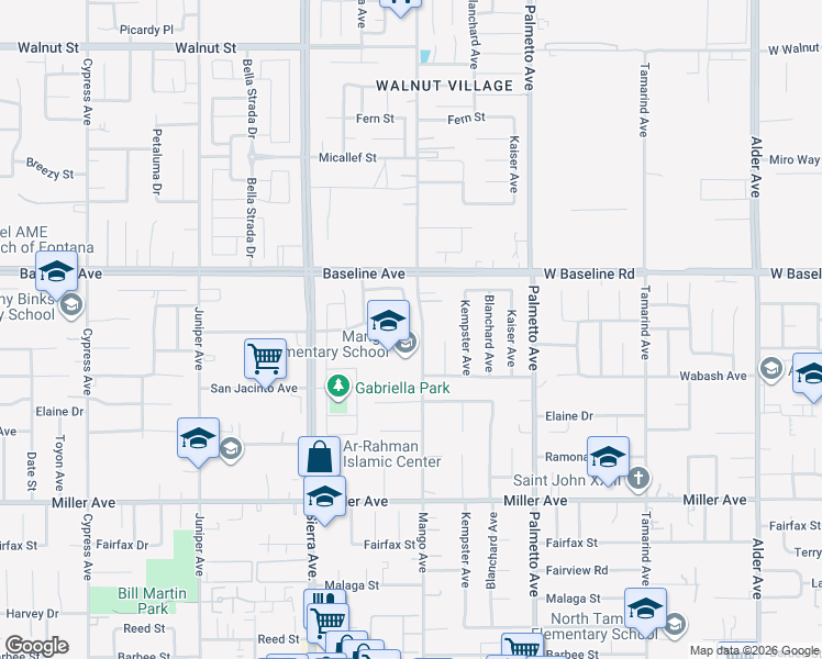 map of restaurants, bars, coffee shops, grocery stores, and more near 17083 Montgomery Avenue in Fontana