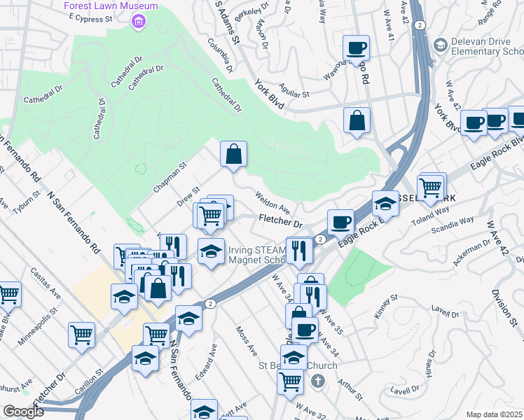 map of restaurants, bars, coffee shops, grocery stores, and more near 3450 Fletcher Drive in Los Angeles
