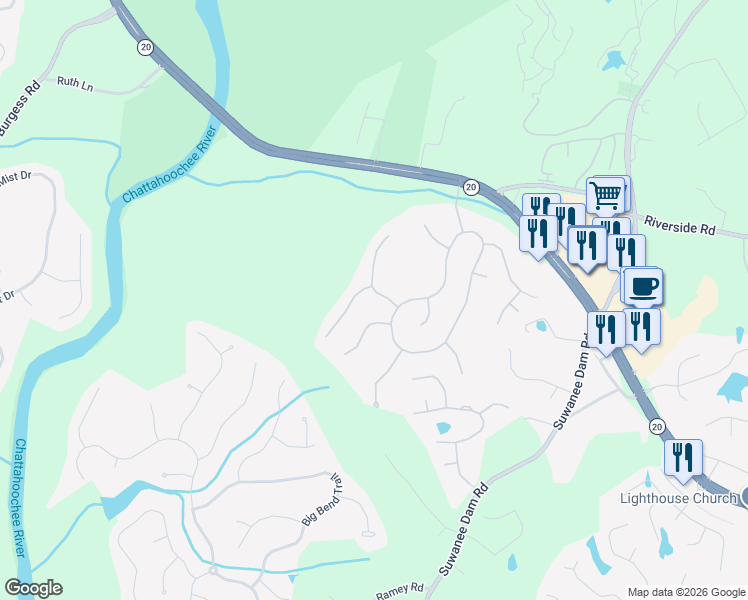 map of restaurants, bars, coffee shops, grocery stores, and more near 283 Double Gate Way Northeast in Sugar Hill