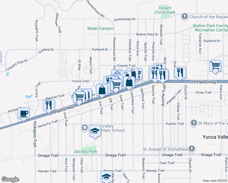 map of restaurants, bars, coffee shops, grocery stores, and more near 55825 Twentynine Palms Highway in Yucca Valley