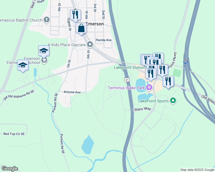 map of restaurants, bars, coffee shops, grocery stores, and more near 105 Park Ridge Circle in Emerson