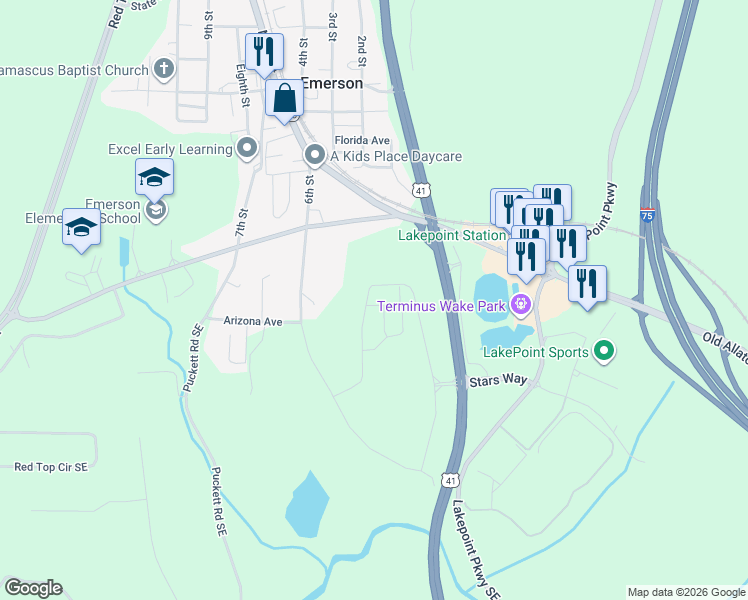 map of restaurants, bars, coffee shops, grocery stores, and more near 101 6th Street in Emerson