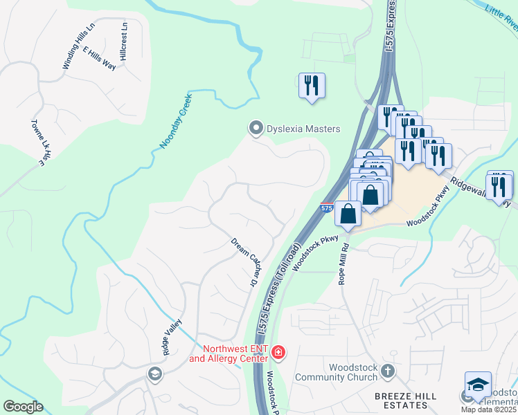 map of restaurants, bars, coffee shops, grocery stores, and more near 630 Overhill Drive in Woodstock