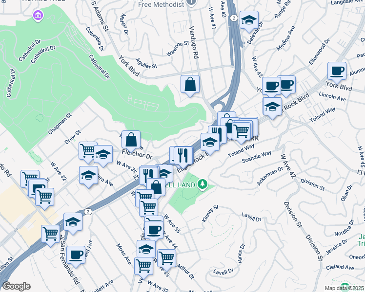 map of restaurants, bars, coffee shops, grocery stores, and more near 6890 Fletcher Drive in Los Angeles