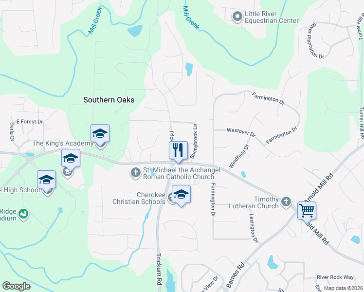map of restaurants, bars, coffee shops, grocery stores, and more near 299 Sunnybrook Court in Woodstock