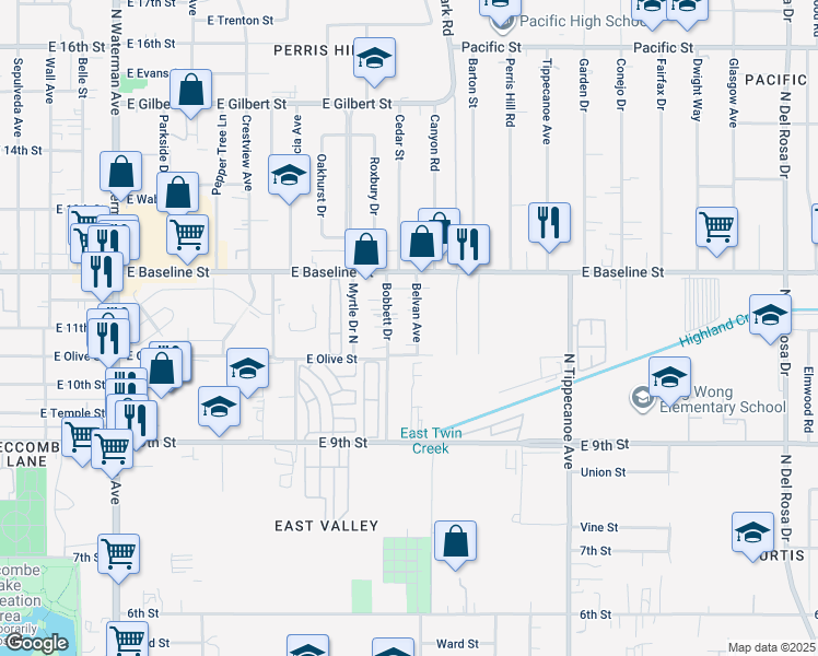 map of restaurants, bars, coffee shops, grocery stores, and more near 1064 Belvan Avenue in San Bernardino