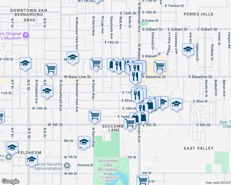 map of restaurants, bars, coffee shops, grocery stores, and more near 216 East Olive Street in San Bernardino