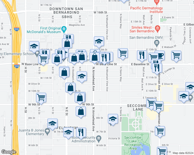 map of restaurants, bars, coffee shops, grocery stores, and more near 1075 North Arrowhead Avenue in San Bernardino