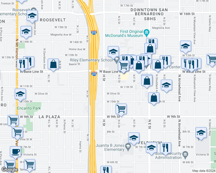 map of restaurants, bars, coffee shops, grocery stores, and more near 764 West Olive Street in San Bernardino