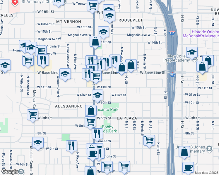 map of restaurants, bars, coffee shops, grocery stores, and more near 1239 West 11th Street in San Bernardino