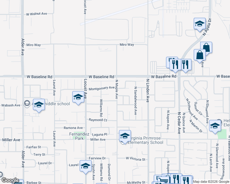 map of restaurants, bars, coffee shops, grocery stores, and more near 1059 North Maple Avenue in Fontana
