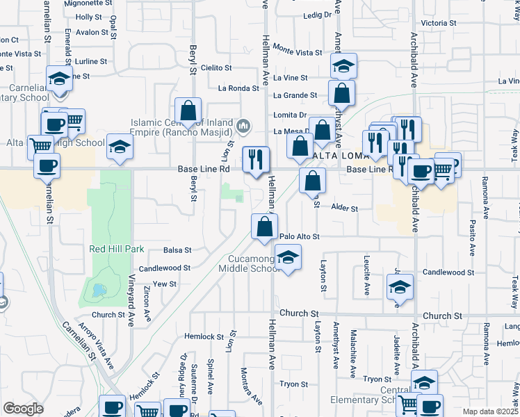 map of restaurants, bars, coffee shops, grocery stores, and more near 7480 Hellman Avenue in Rancho Cucamonga