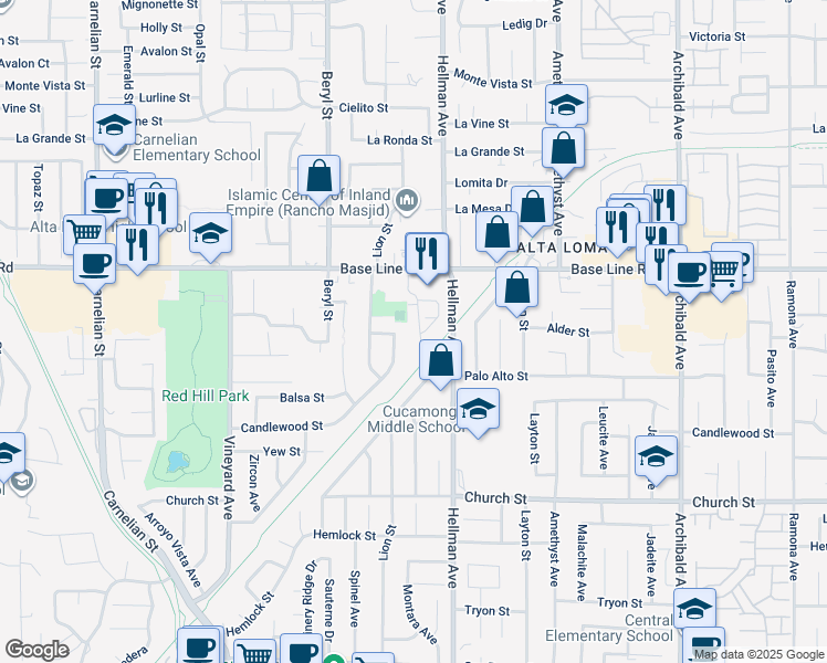 map of restaurants, bars, coffee shops, grocery stores, and more near 9177 Candlewood Street in Rancho Cucamonga
