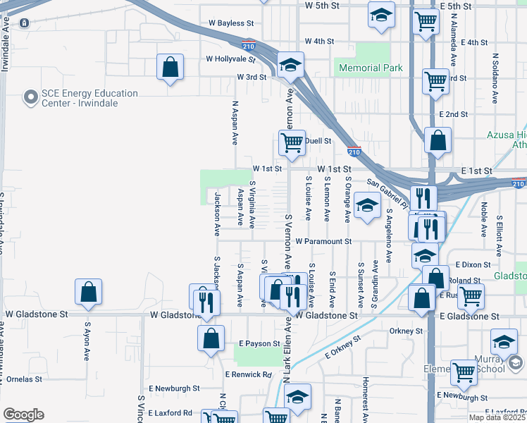 map of restaurants, bars, coffee shops, grocery stores, and more near 228 South Virginia Avenue in Azusa