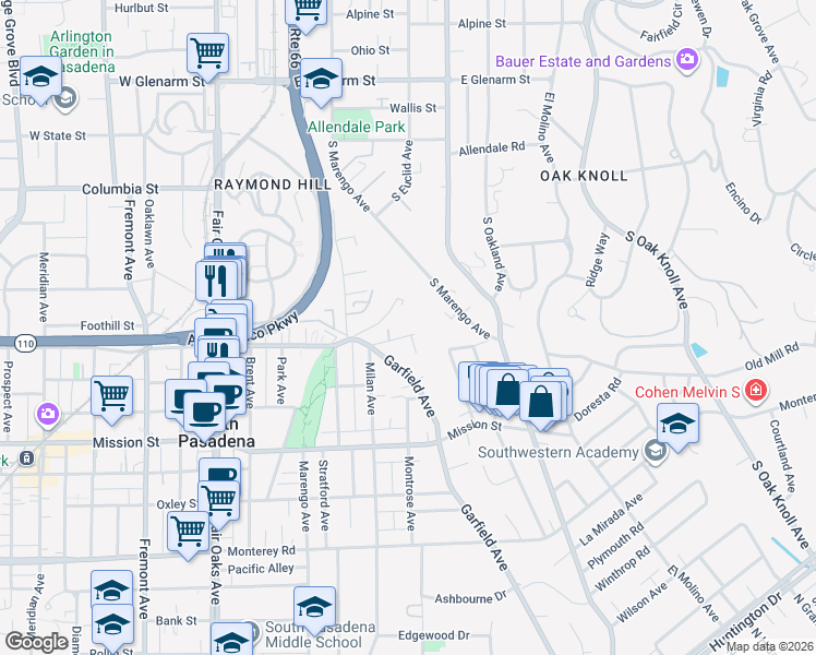 map of restaurants, bars, coffee shops, grocery stores, and more near 1925 Mill Road in South Pasadena