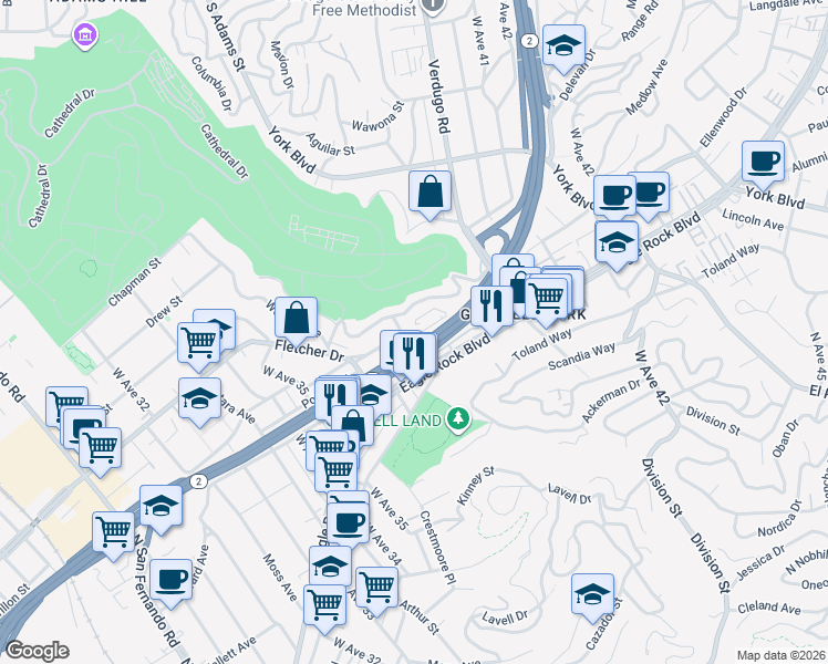 map of restaurants, bars, coffee shops, grocery stores, and more near 3716 Fletcher Drive in Los Angeles