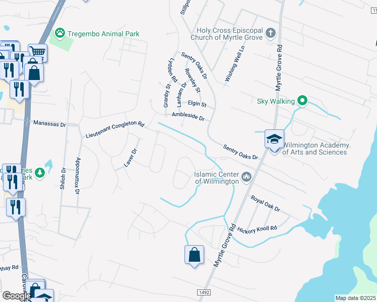 map of restaurants, bars, coffee shops, grocery stores, and more near in Wilmington