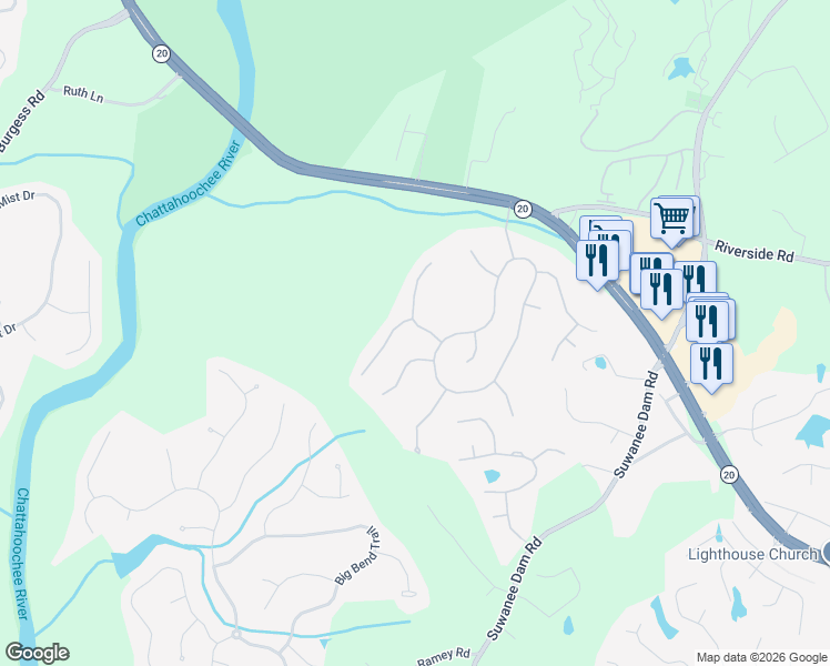 map of restaurants, bars, coffee shops, grocery stores, and more near 283 Double Gate Way Northeast in Sugar Hill