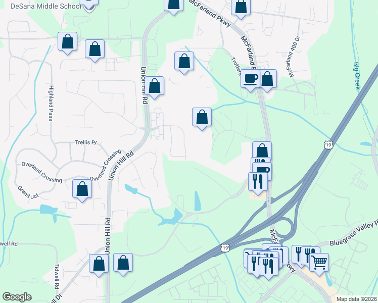 map of restaurants, bars, coffee shops, grocery stores, and more near 1575 Faircrest Lane in Alpharetta