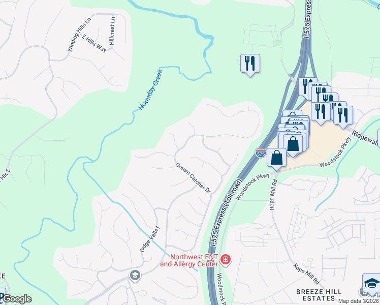 map of restaurants, bars, coffee shops, grocery stores, and more near 648 Overhill Drive in Woodstock