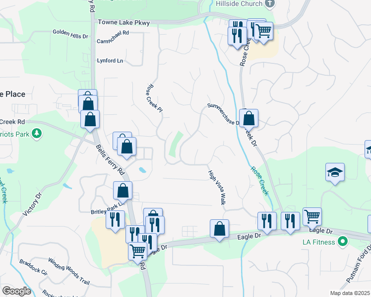 map of restaurants, bars, coffee shops, grocery stores, and more near 2141 Summerchase Drive in Woodstock