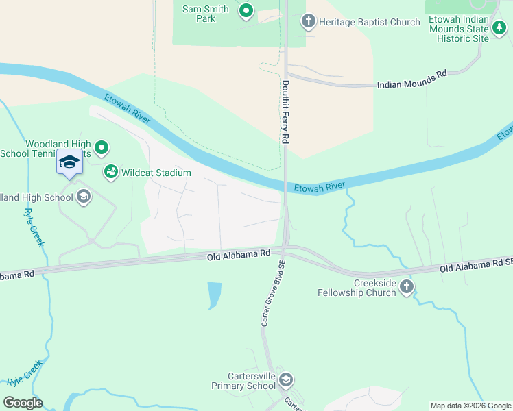 map of restaurants, bars, coffee shops, grocery stores, and more near 17 Riverside Court Southeast in Cartersville