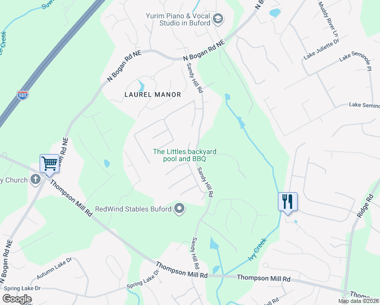 map of restaurants, bars, coffee shops, grocery stores, and more near 4111 Copper Creek Way Northeast in Buford