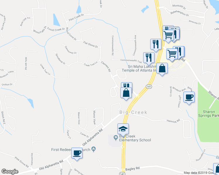 map of restaurants, bars, coffee shops, grocery stores, and more near 2490 Hillandale Circle in Cumming
