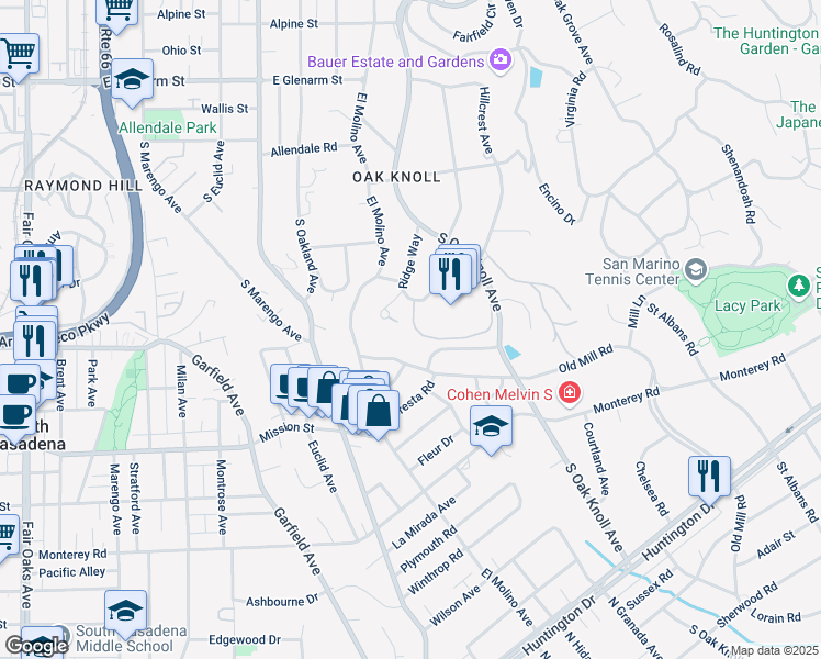 map of restaurants, bars, coffee shops, grocery stores, and more near 7 Oak Knoll Terrace in Pasadena