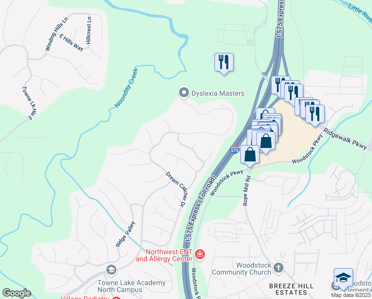 map of restaurants, bars, coffee shops, grocery stores, and more near 612 Ridge Crossing Drive in Woodstock