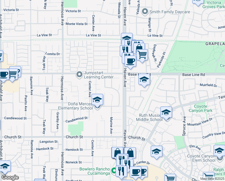 map of restaurants, bars, coffee shops, grocery stores, and more near 10427 Ironwood Street in Rancho Cucamonga