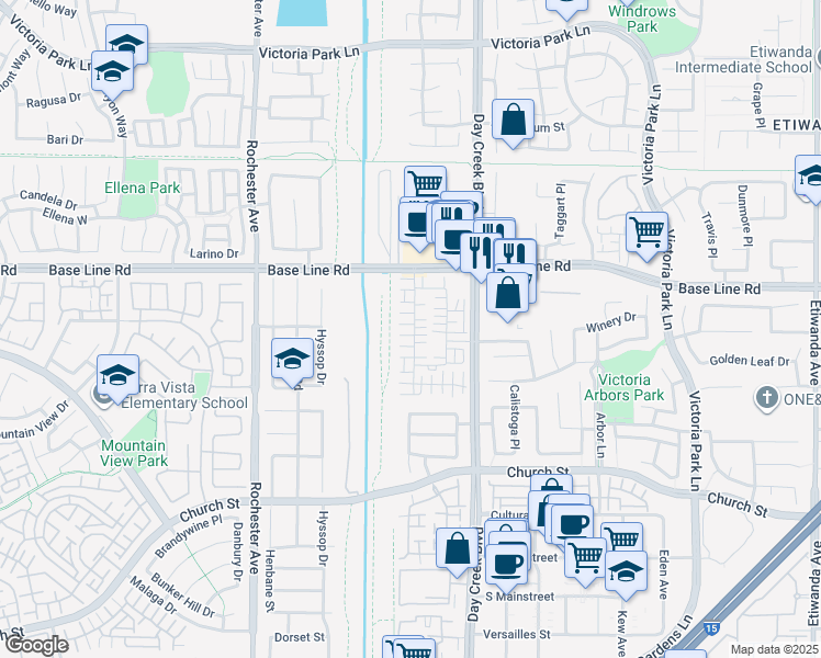 map of restaurants, bars, coffee shops, grocery stores, and more near 7400 Solstice Place in Rancho Cucamonga
