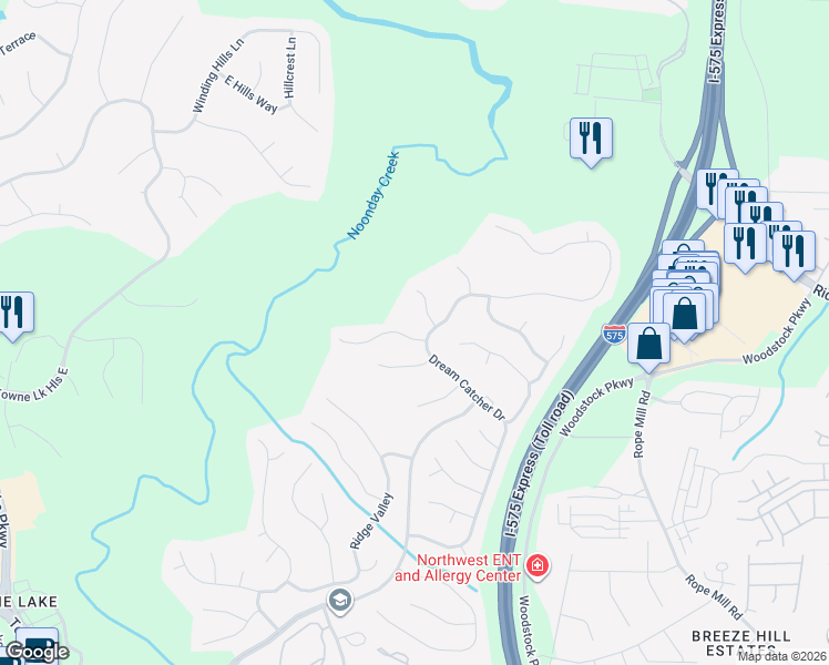 map of restaurants, bars, coffee shops, grocery stores, and more near 302 Horseshoe Bend in Woodstock