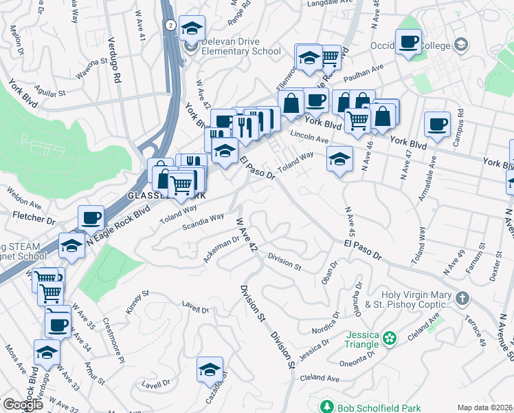 map of restaurants, bars, coffee shops, grocery stores, and more near 4226 Scandia Way in Los Angeles