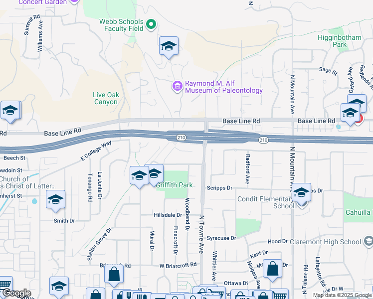map of restaurants, bars, coffee shops, grocery stores, and more near 631 Gayville Drive in Claremont