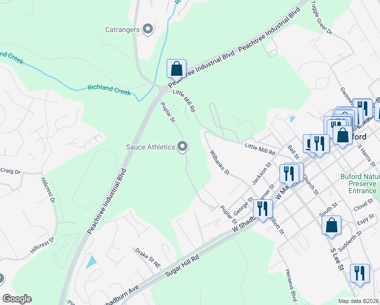 map of restaurants, bars, coffee shops, grocery stores, and more near 5140 Poplar Street in Buford