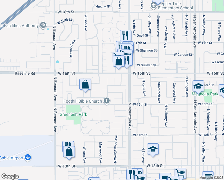 map of restaurants, bars, coffee shops, grocery stores, and more near 1289 West Coronado Street in Upland