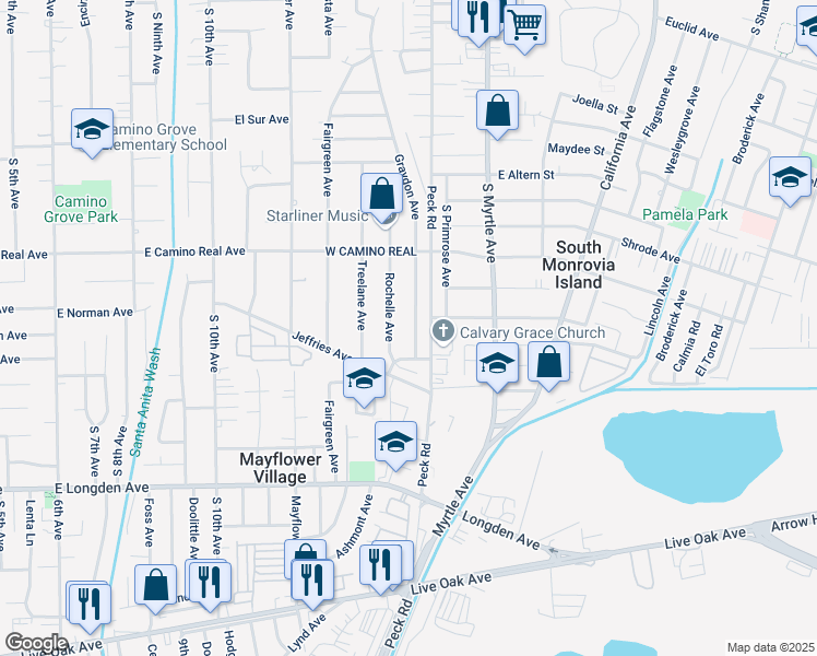 map of restaurants, bars, coffee shops, grocery stores, and more near 2538 Rochelle Avenue in Monrovia