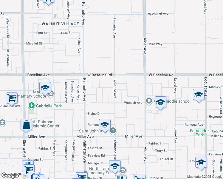 map of restaurants, bars, coffee shops, grocery stores, and more near 17475 Jackson Drive in Fontana