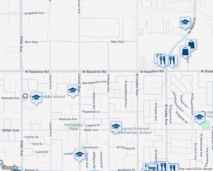 map of restaurants, bars, coffee shops, grocery stores, and more near 1059 North Maple Avenue in Fontana