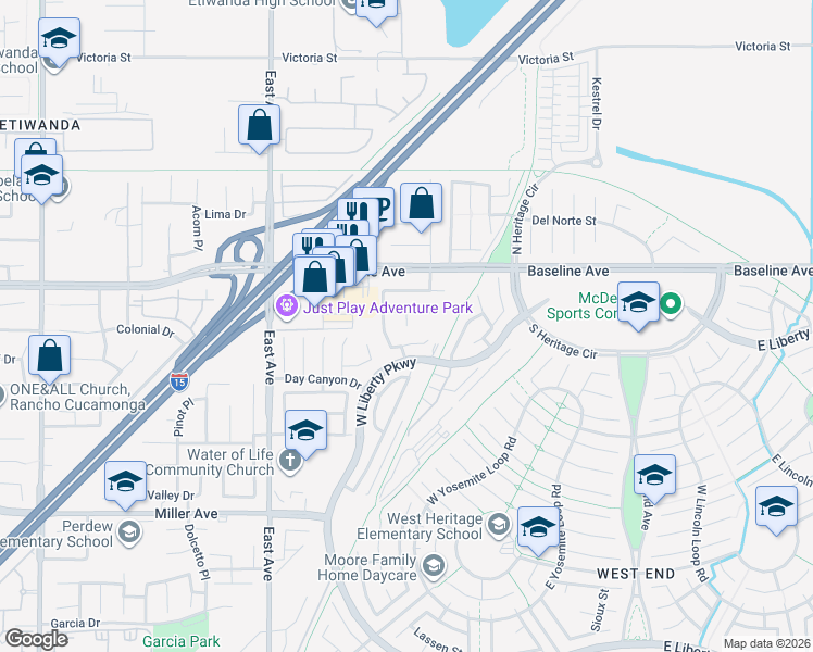 map of restaurants, bars, coffee shops, grocery stores, and more near Benning Place in Fontana