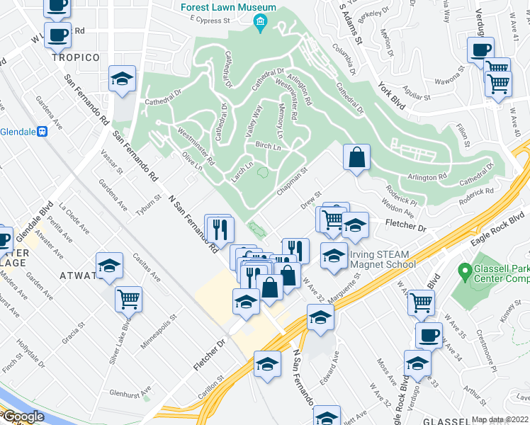 map of restaurants, bars, coffee shops, grocery stores, and more near 3205 Drew Street in Los Angeles